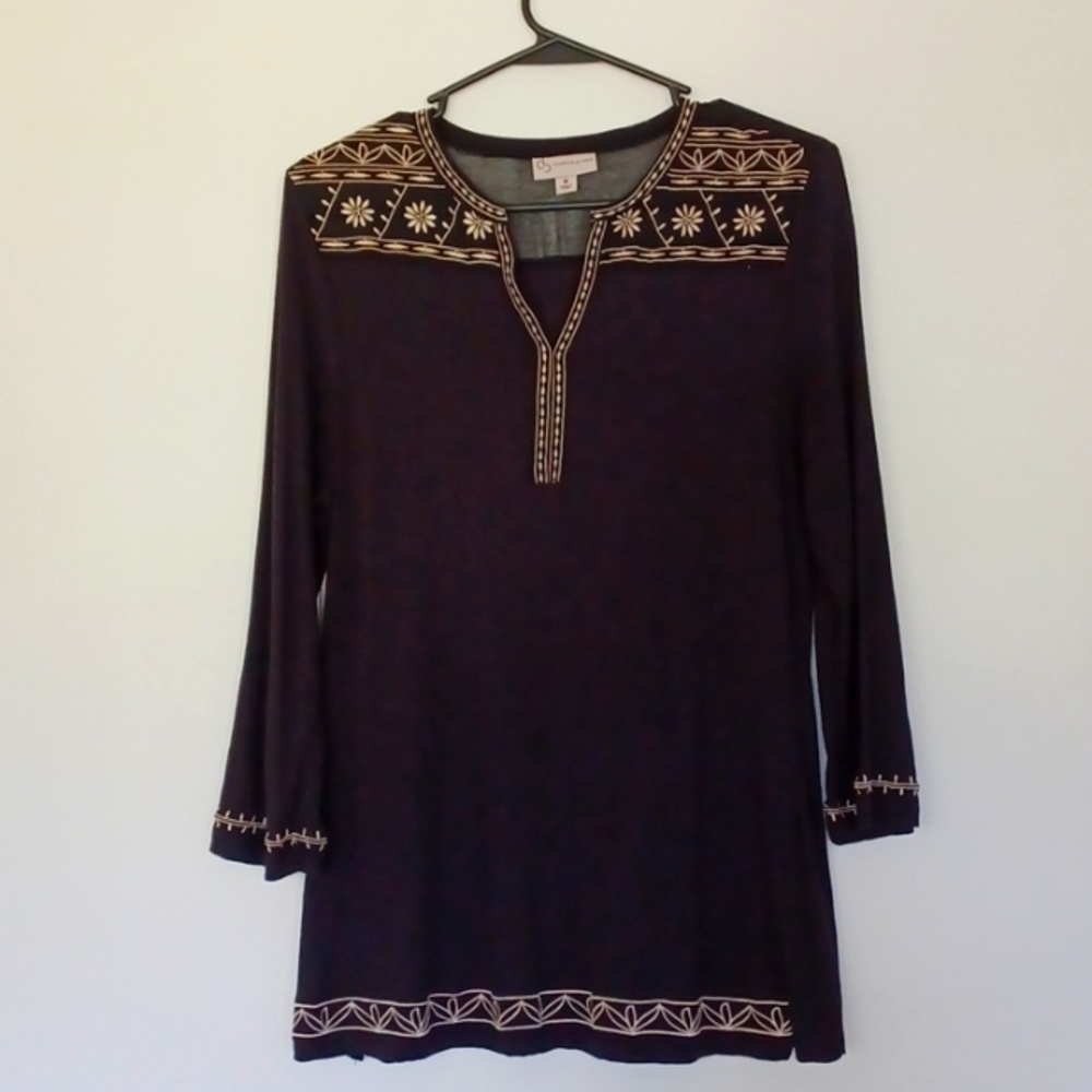 DB established 1962 🖤 Black LS Tunic With Cream Embroidery on Mesh WM